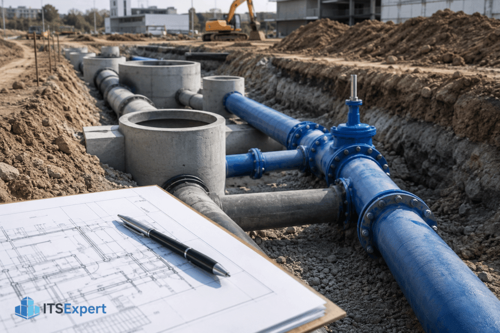 Proiectare rețele de apă și canalizare cu conducte subterane, cămine tehnice și plan tehnic pe șantier de infrastructură edilitară.