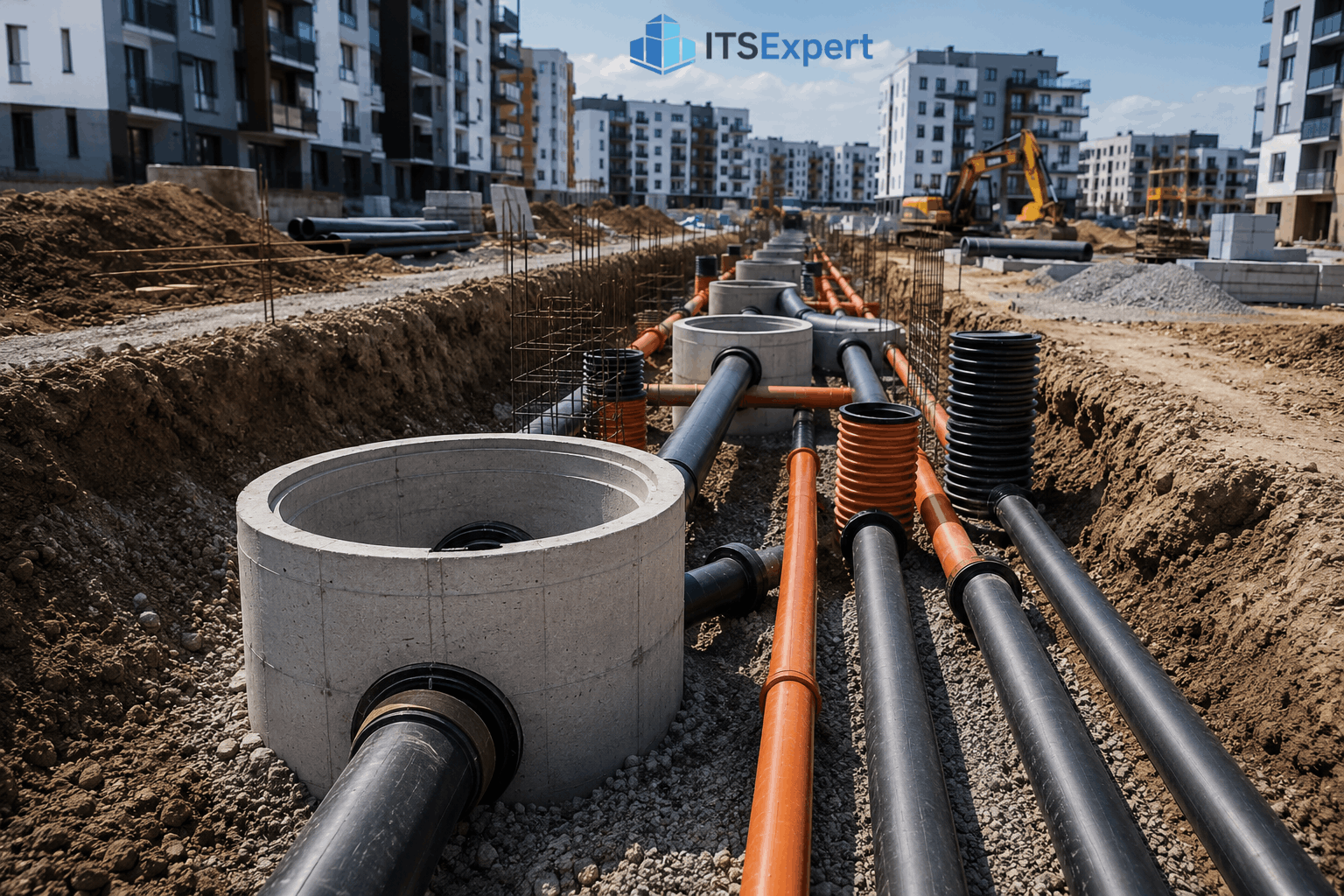 Lucrări de infrastructură edilitară pentru ansamblu rezidențial cu rețele subterane de apă și canalizare și cămine tehnice.