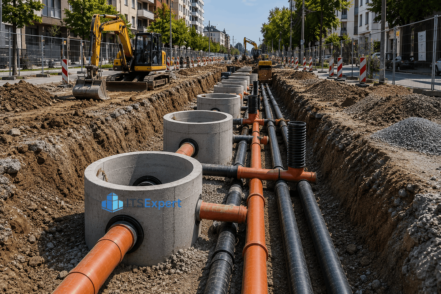 Șantier urban pentru extinderea și modernizarea rețelelor edilitare cu conducte subterane, cămine tehnice și utilaje de construcții.