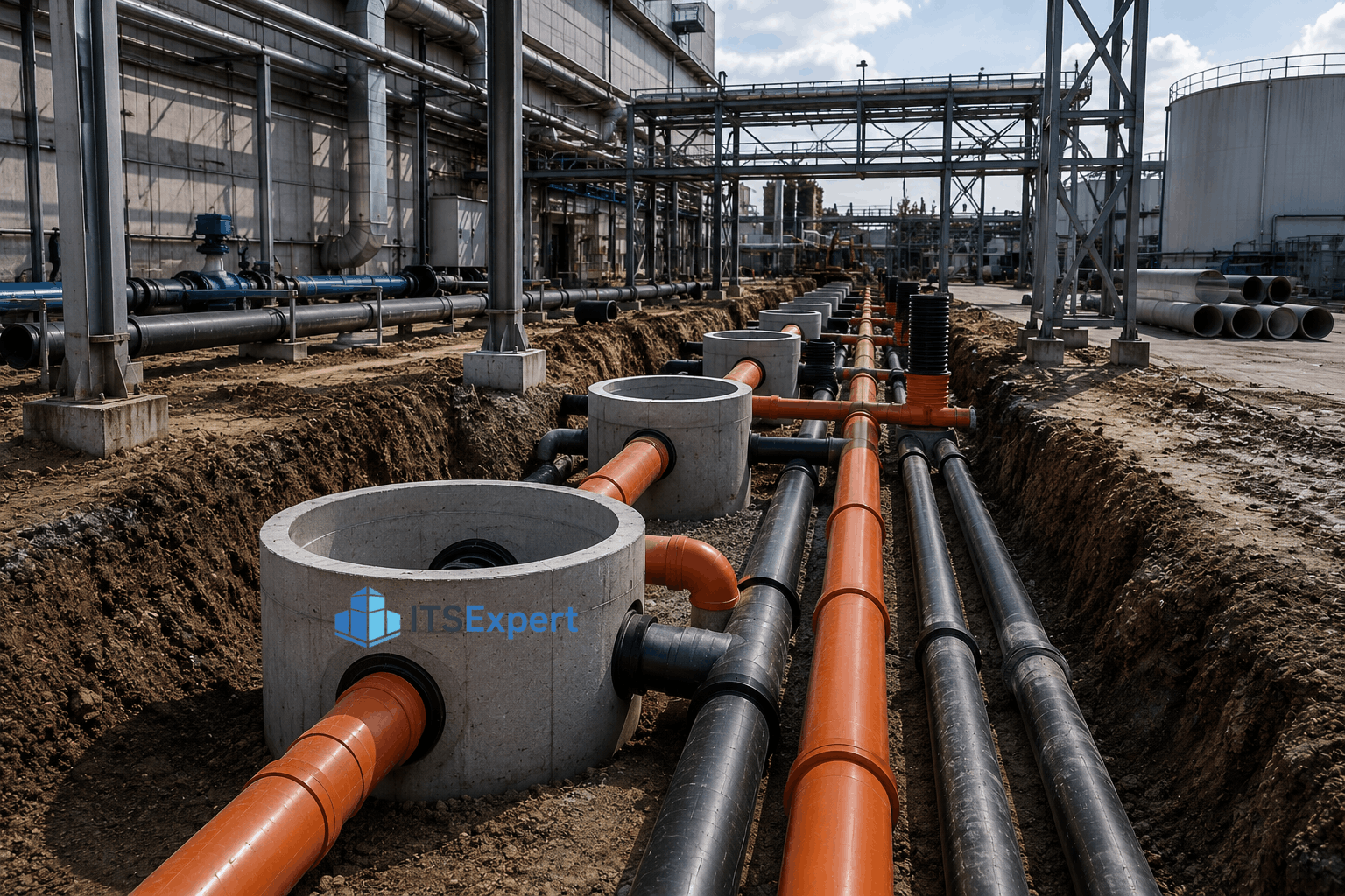 Rețele industriale de apă și canalizare cu conducte tehnice și cămine de vizitare într-o zonă industrială.
