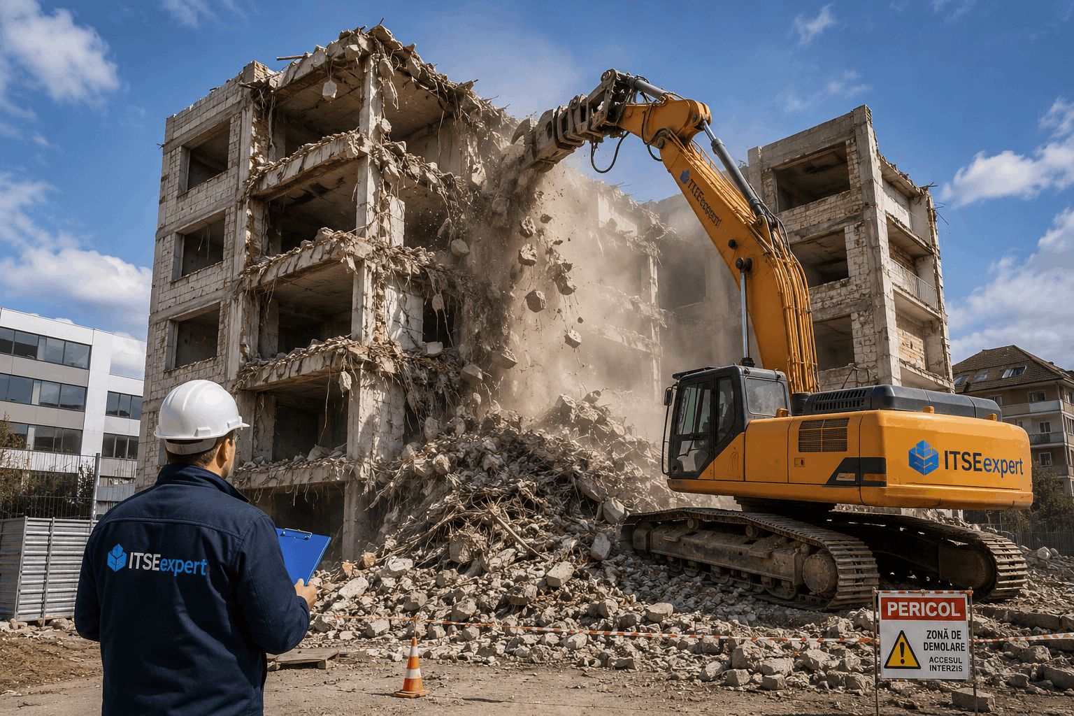 Demolare integrală clădire cu excavator, documentație pentru dezafectarea instalațiilor și debranșarea utilităților înainte de demolare.