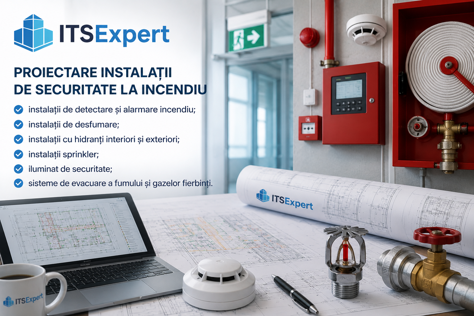 Proiectare instalații de securitate la incendiu realizată de ITSExpert, incluzând sisteme de detectare și alarmare incendiu, sprinklere, hidranți, desfumare și iluminat de securitate.