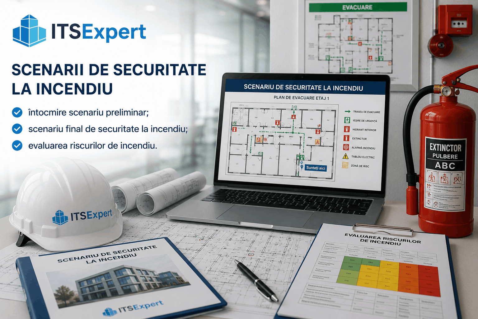 Scenariu de securitate la incendiu realizat de ITSExpert, incluzând planuri de evacuare, evaluarea riscurilor de incendiu și documentații pentru avize și autorizații ISU.
